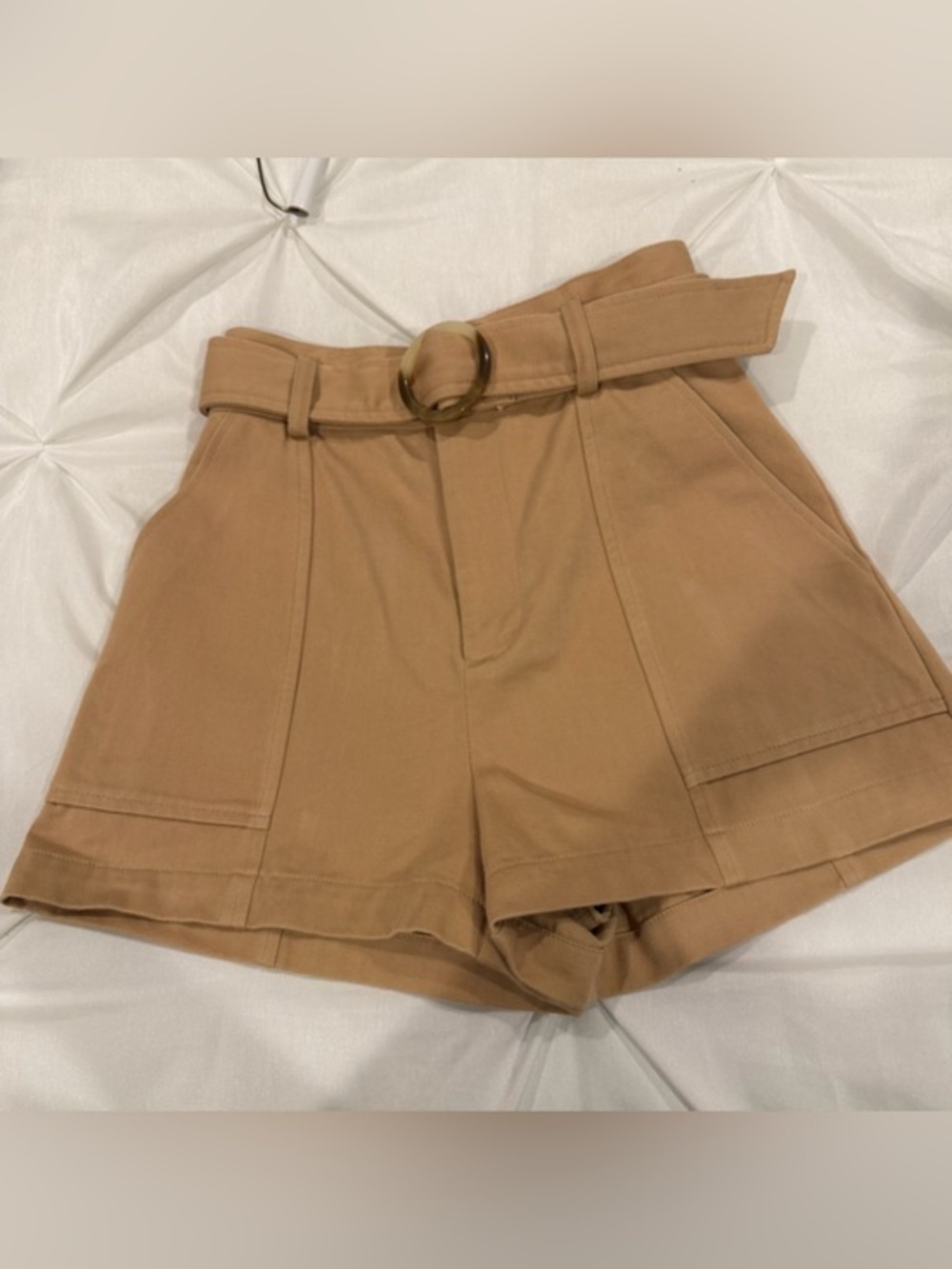 INTERMIX Tailored High-Waist Belted Shorts in Tan